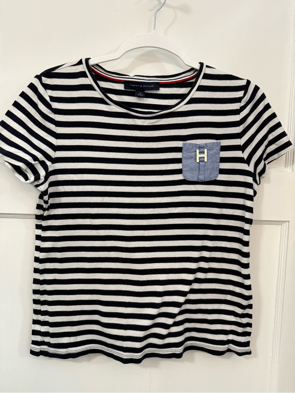 Tommy Hilfiger Navy Blue & White Striped Tee with Blue Pocket - Picture 1 of 3